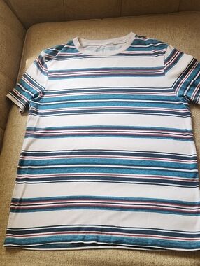 Y2K Urban Pipeline White, Blue & Teal Striped Short Sleeve Tee